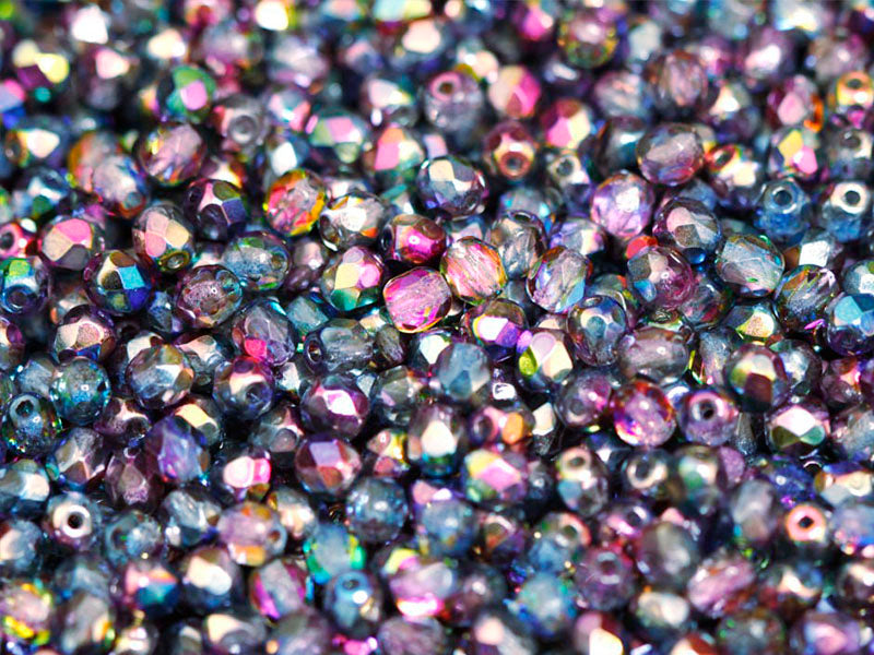 100 St. Fire Polished facettierte Glasperlen rund  4mm, Magic Blau-Rosa, Tschechisches Glas