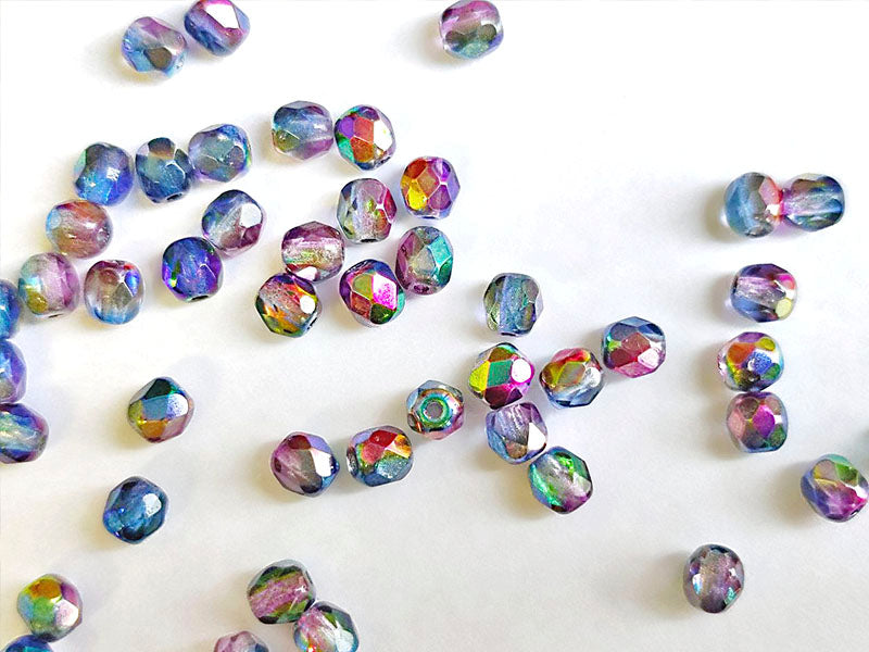 100 St. Fire Polished facettierte Glasperlen rund  4mm, Magic Blau-Rosa, Tschechisches Glas