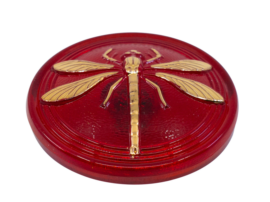 1 St. Tschechischer Glasknopf, Rubinrot, goldene Libelle, handbemalt, Größe 14 (31.5 mm)