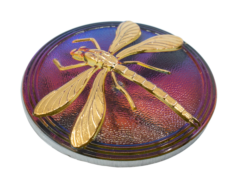 1 pc Tschechischer Glascabochons 40,5 mm, Blau Lila Glasmalerei Goldlibelle, Tschechisches Glas