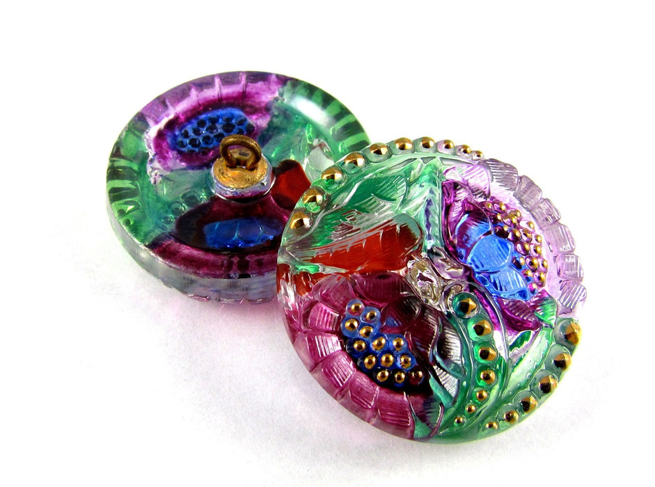 1 pc Tschechischer Glasknopf handbemalt, Größe 12 (27.0 mm | 1 1/16''), Blumenmuster Rosa Lila, Tschechisches Glas