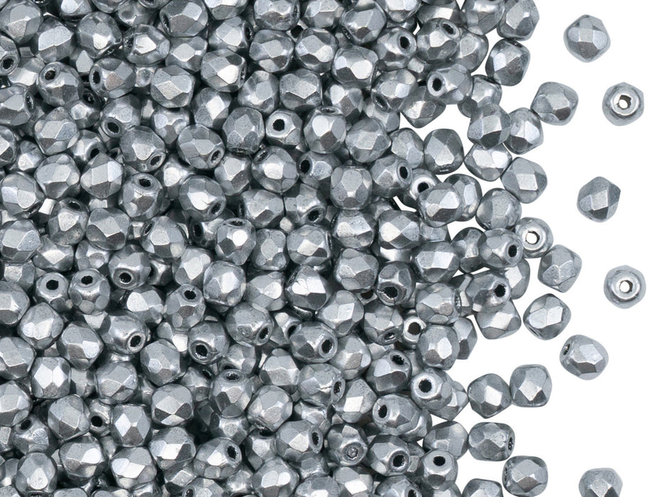 100 St. Fire Polished facettierte Glasperlen rund 3mm, Silber matt (Kristall Bronze Aluminium), Tschechisches Glas