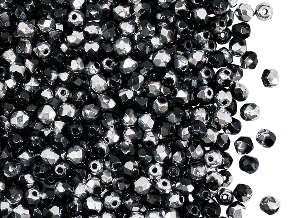 100 St. Fire Polished facettierte Glasperlen rund 3mm, Labrador Schwarz, Tschechisches Glas