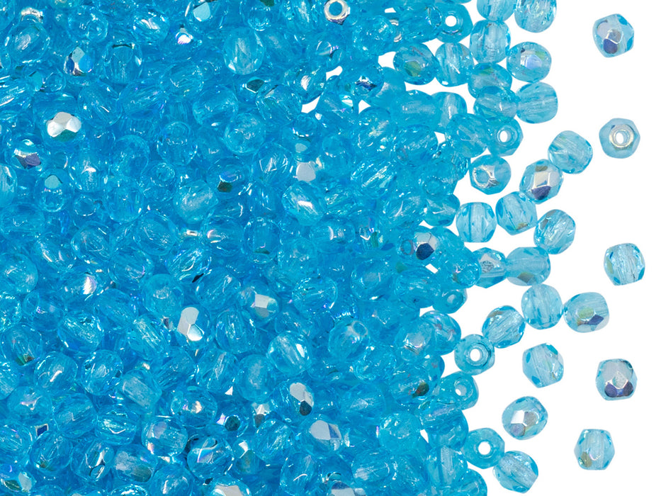 1 St. Fire Polished Glasperlen Set rund 3mm, 4mm, 6mm, 8mm,  Aquamarin AB, Tschechisches Glas