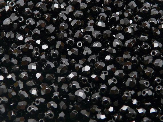100 St. Fire Polished facettierte Glasperlen rund 4mm, Jet Schwarz, Tschechisches Glas