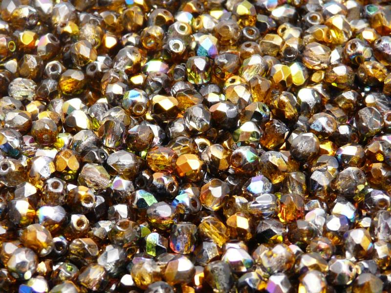 100 St. Fire Polished facettierte Perlen rund 4mm, Magic Orange-Grau, Tschechisches Glas
