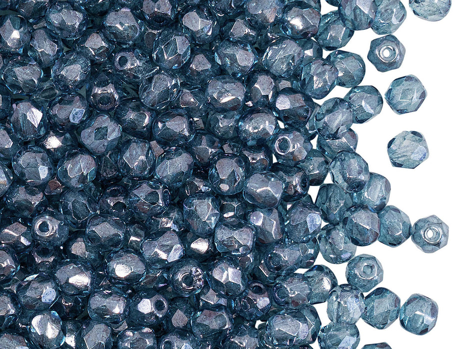 100 St. Fire Polished facettierte Glasperlen rund 4mm, Kristall, Blau Luster, Tschechisches Glas