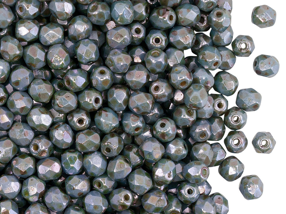 100 St. Fire Polished facettierte Glasperlen rund 4mm, Weiße Kreide, Glasur Blau, Tschechisches Glas