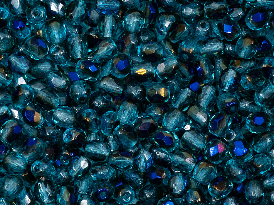 100 St. Fire Polished facettierte Glasperlen rund 4 mm, Aquamarine Azuro, Tschechisches Glas