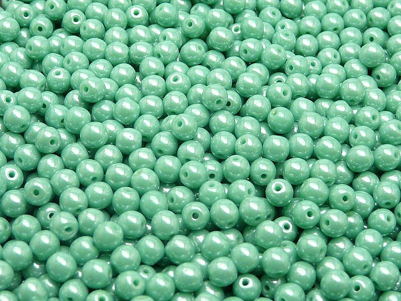 100 St. Runde Gepresste Perlen 4mm, Böhmisches Glas, Opak Türkis Grün Weiß Glanz