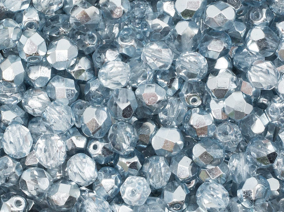 Fire Polished Faceted Beads Round 6 mm Crystal Comet Azore Light Czech Glass Grey Blue