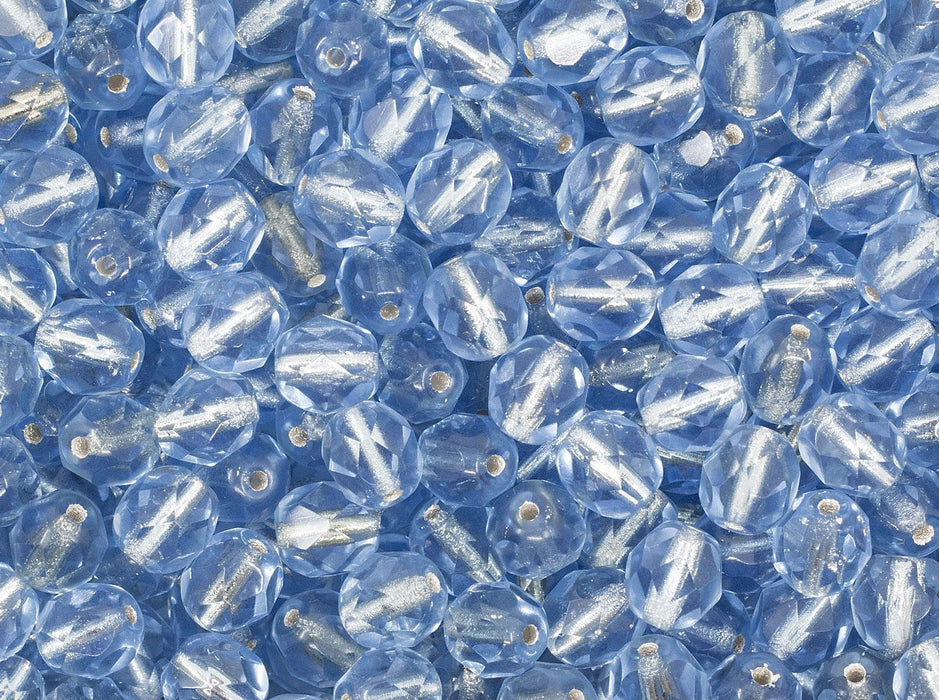 Fire Polished Faceted Beads Round 6 mm Light Sapphire Silver Lined Czech Glass Blue Silver
