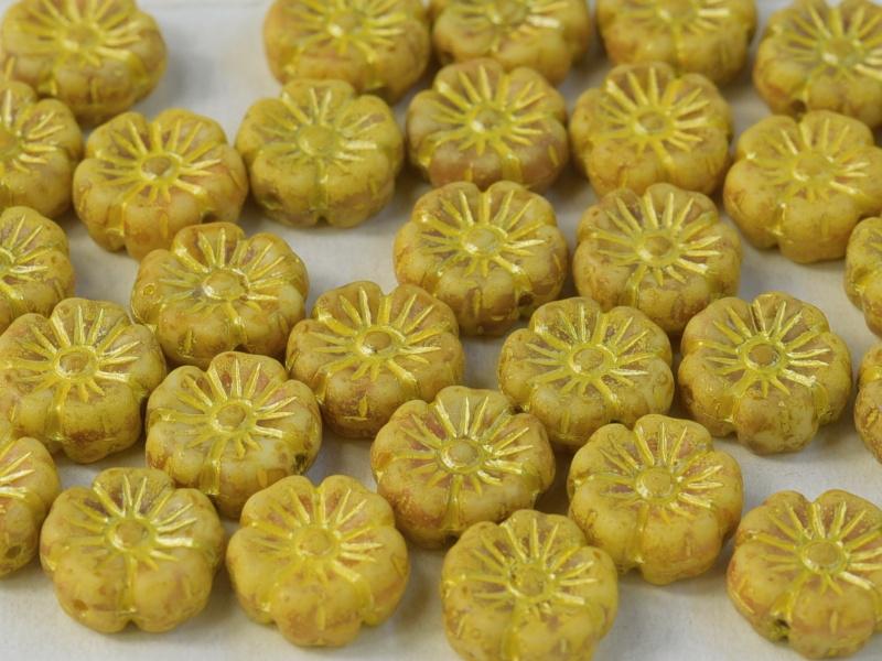 Hibiskusblüten Perlen 7mm Kreideweißes Gelbgold Tschechisches Glas Farbe_Yellow Farbe_ Gold
