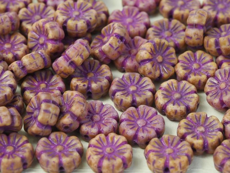 Hibiskusblüten Perlen 7mm Kreideweiß Terrakotta Lila Tschechisches Glas Farbe_Purple