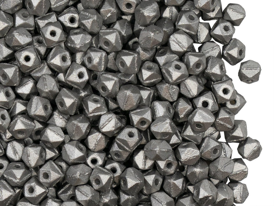 Vintage Cut Nuggets Beads 4 mm, Alabaster Warm Silver Metallic Satin, Czech Glass