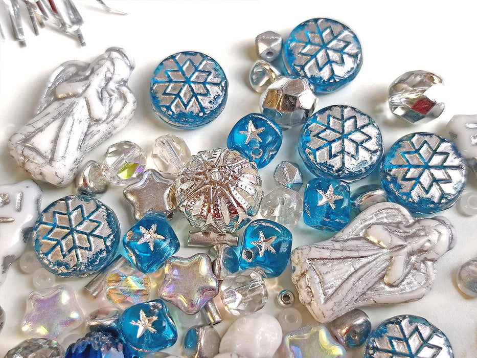 65 g Einzigartige Mischung aus tschechischen Glas-Weihnachtsperlen für die Schmuckherstellung, Weiß-Blau, Tschechisches Glas (Unique Mix of Czech Glass Christmas Beads for Jewelry Making)