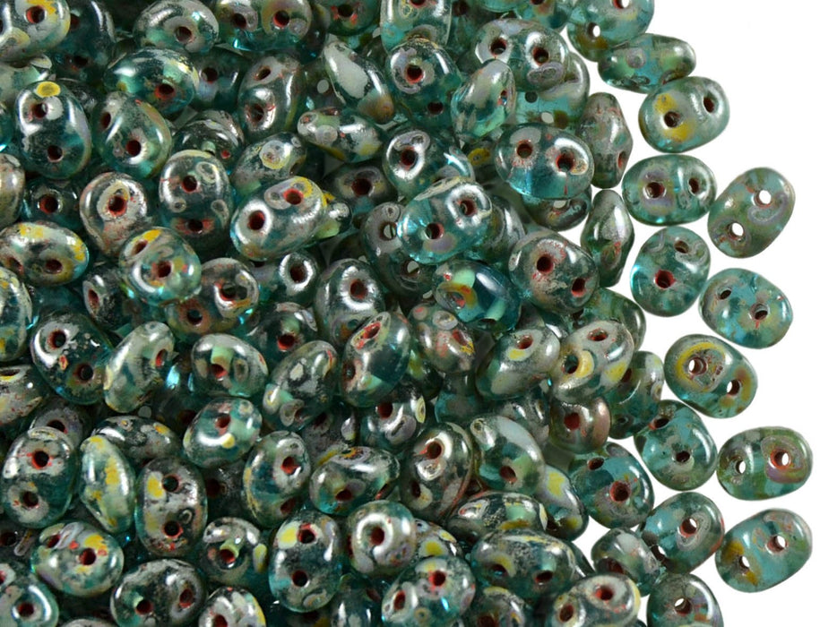 20 g SuperDuo Rocailles 2.5x5mm Zwei Löcher, Böhmisches Glas, Aqua Travertin Dunkel