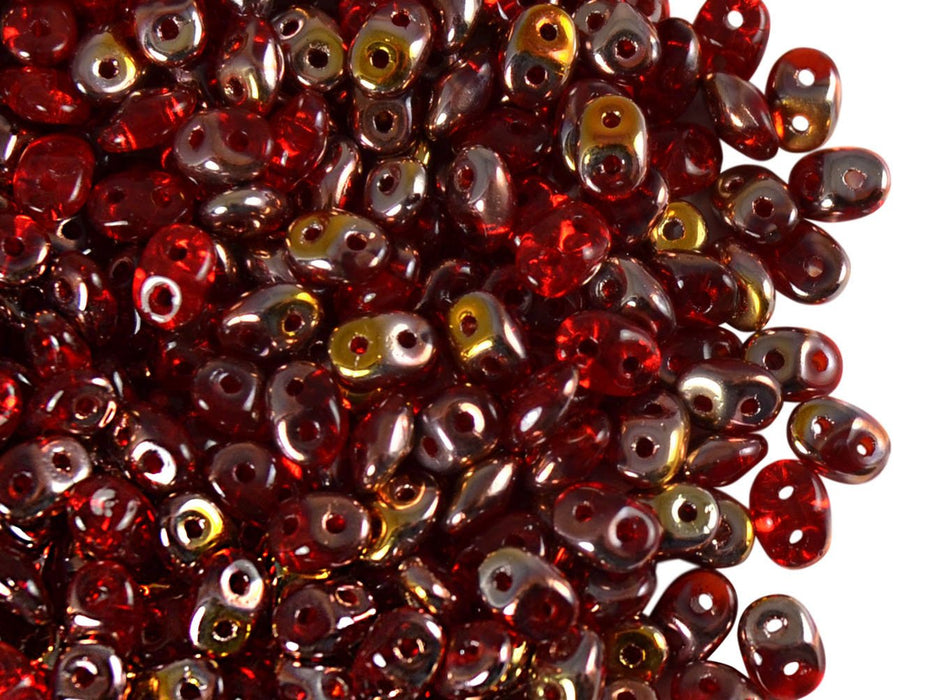 20 g SuperDuo Rocailles 2.5x5mm Zwei Löcher, Böhmisches Glas, Rubin Capri Gold AB