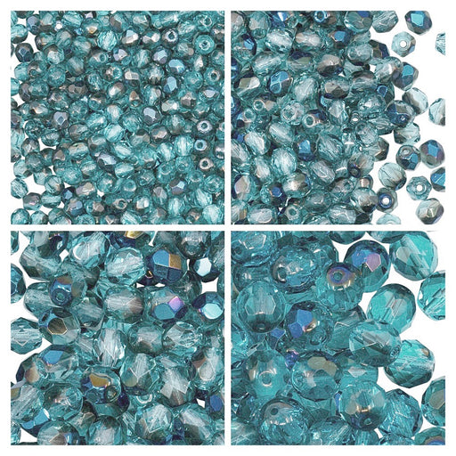 1 St. Fire Polished Glasperlen Set rund 3mm, 4mm, 6mm, 8mm, Aquamarin Azuro, Tschechisches Glas