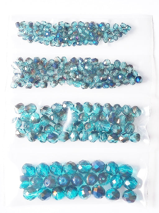 1 St. Fire Polished Glasperlen Set rund 3mm, 4mm, 6mm, 8mm, Aquamarin Azuro, Tschechisches Glas