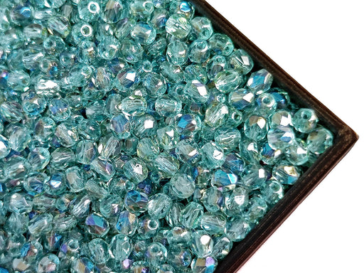 100 St. Feuerpolierte Perlen 3 mm, Aquamarin Azuro, Böhmische Glas