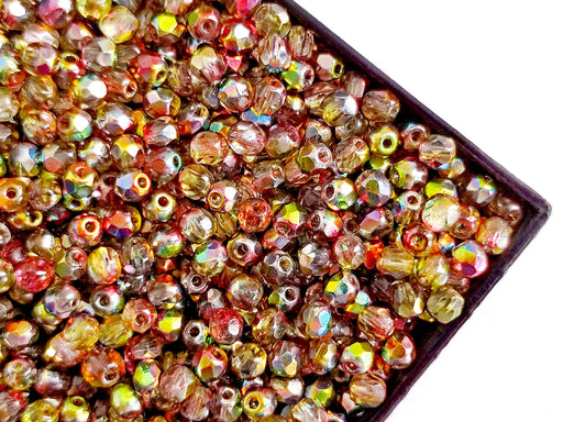 100 pcs Fire Polished facettierte Glasperlen rund 3 mm, Kristall Magic Rot Gelb, Tschechisches Glas (Fire Polished Beads)