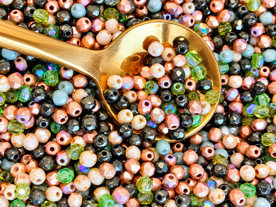 25 g (ca. 700 Stück) Mischung aus Tschechische Facettierten Glasperlen Fire-Polished Rund 3 mm, Forest Haze, Tschechisches Glas (Mix of Faceted Fire Polished Beads)
