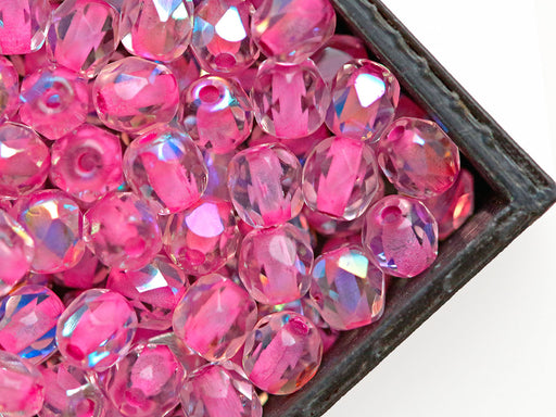 100 St. Fire Polished facettierte Glasperlen rund 4mm, Kristall, AB Rosa mit versilbertem Loch, Tschechisches Glas