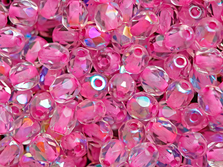 100 St. Fire Polished facettierte Glasperlen rund 4mm, Kristall, AB Rosa mit versilbertem Loch, Tschechisches Glas