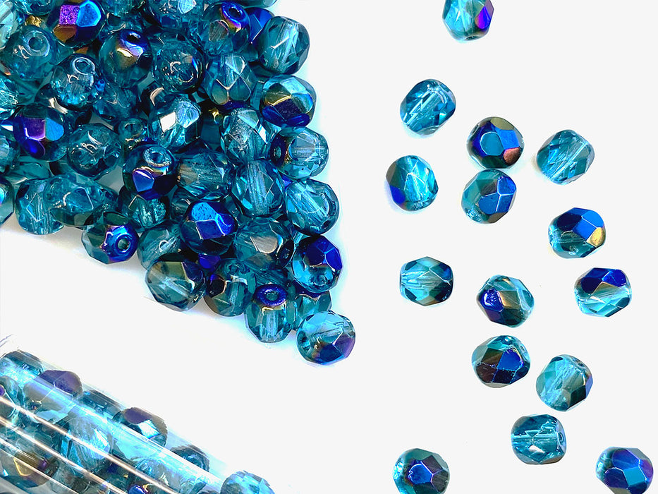 50 St. Fire Polished facettierte Glasperlen  Rund 6mm, Aquamarin Azuro, Tschechisches Glas