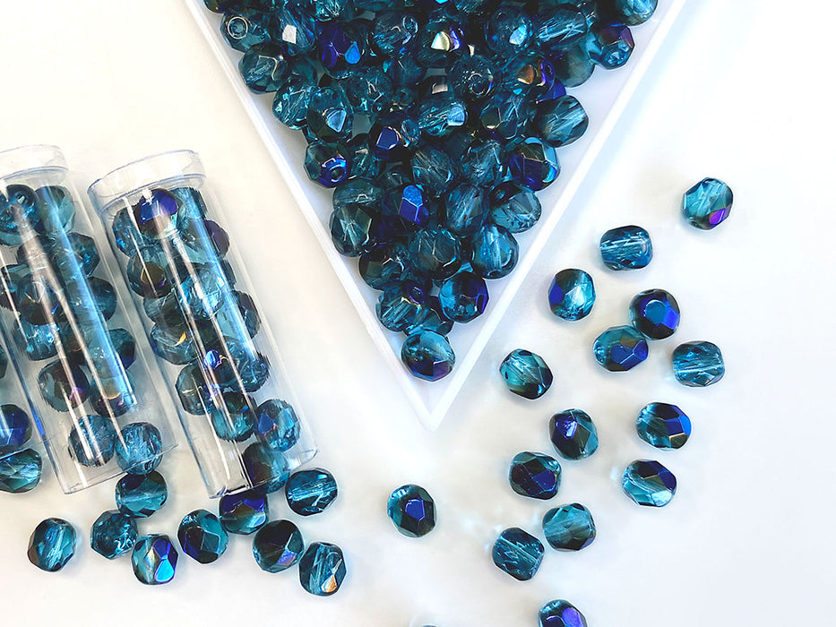50 St. Fire Polished facettierte Glasperlen  Rund 6mm, Aquamarin Azuro, Tschechisches Glas