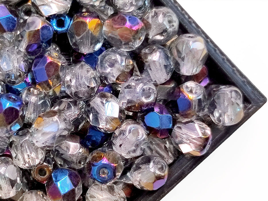 50 St. Fire Polished facettierte Glasperlen Rund 6mm, Kristall, blau funkelnd, Tschechisches Glas