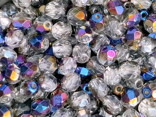 50 St. Fire Polished facettierte Glasperlen Rund 6mm, Kristall, blau funkelnd, Tschechisches Glas