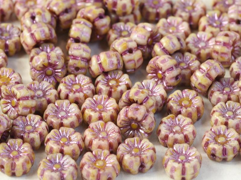 100 pcs Hibiskusblüten Perlen 7mm, Kreideweiß Terrakotta Kupfer, Tschechisches Glas (Hibiscus Flower Beads)