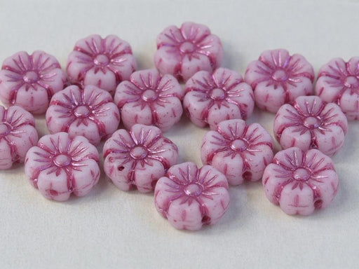 100 pcs Hibiskusblüten Perlen 9mm, Kreideweiß mit Fuchsia-Dekor, Tschechisches Glas (Hibiscus Flower Beads)