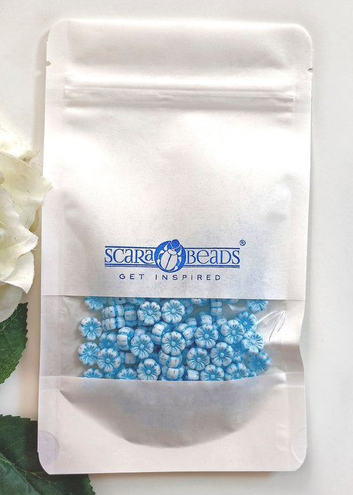 100 pcs Hibiskusblüten Perlen 9mm, Kreideweiß mit Türkisblauem Dekor, Tschechisches Glas (Hibiscus Flower Beads)