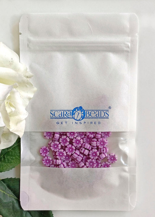 100 pcs Hibiskusblüten Perlen 9mm, Kreideweiß mit Violettem Dekor, Tschechisches Glas (Hibiscus Flower Beads)