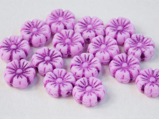 100 pcs Hibiskusblüten Perlen 9mm, Kreideweiß mit Violettem Dekor, Tschechisches Glas (Hibiscus Flower Beads)