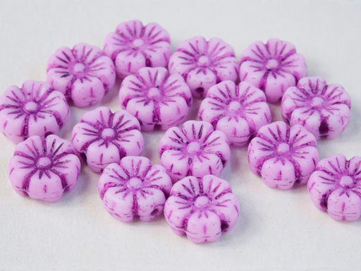 100 pcs Hibiskusblüten Perlen 9mm, Kreideweiß mit Violettem Dekor, Tschechisches Glas (Hibiscus Flower Beads)