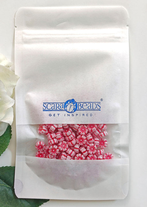 100 pcs Hibiskusblüten Perlen 9mm, Kreideweiß mit Rotem Dekor, Tschechisches Glas (Hibiscus Flower Beads)