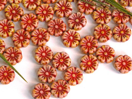 100 pcs Hibiskusblüten Perlen 9mm, Kreideweiß Beige Rot, Tschechisches Glas (Hibiscus Flower Beads)