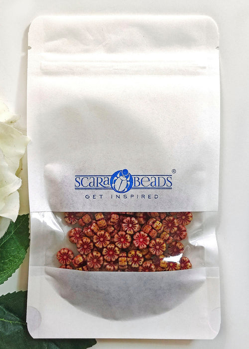 100 pcs Hibiskusblüten Perlen 9mm, Kreideweiß Beige Rot, Tschechisches Glas (Hibiscus Flower Beads)