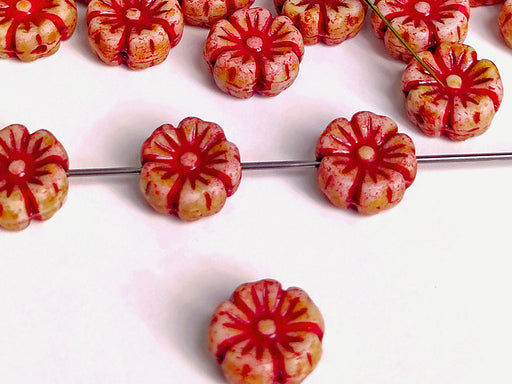 100 pcs Hibiskusblüten Perlen 9mm, Kreideweiß Beige Rot, Tschechisches Glas (Hibiscus Flower Beads)