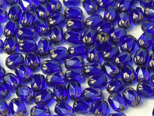 Feuerpolierte Perlenformen 6x4 mm Dunkel-Saphir Bronzefarben Tschechisches Glas Farbe_Blue