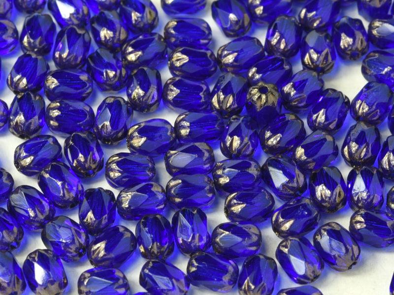 Feuerpolierte Perlenformen 6x4 mm Dunkel-Saphir Bronzefarben Tschechisches Glas Farbe_Blue