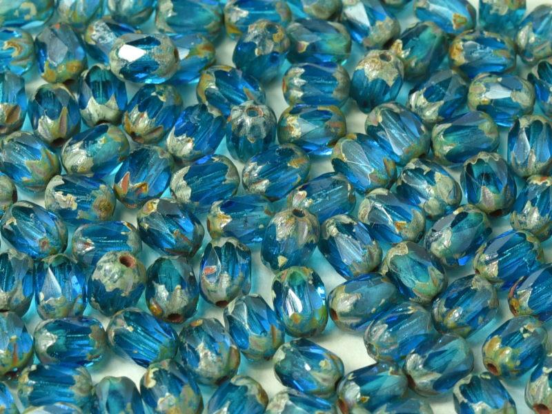 Feuerpolierte Perlenformen 6x4 mm Aqua Dunkler Travertin Tschechisches Glas Farbe_Blue