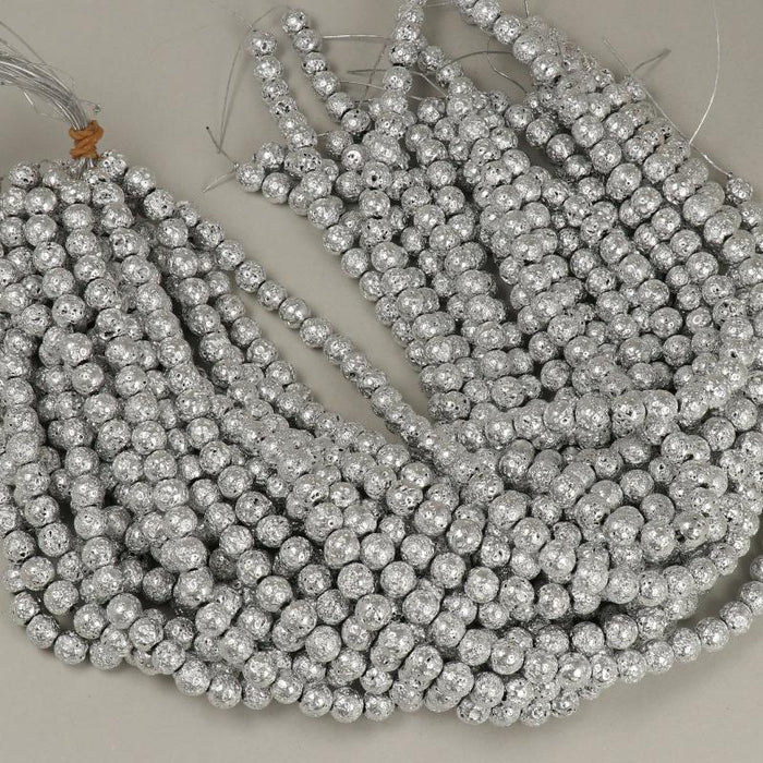 1 Strand 38/40 cm Edelsteinperlen 8x9 mm Lava Plattiert Silber Rund  Farbe_Grey