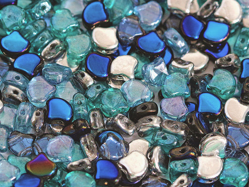 30 pcs Ginkgo Perlen 7.5x7.5x3.4 mm, 2-Loch, Blau Silber Mischen, Tschechisches Glas (Ginko Beads)