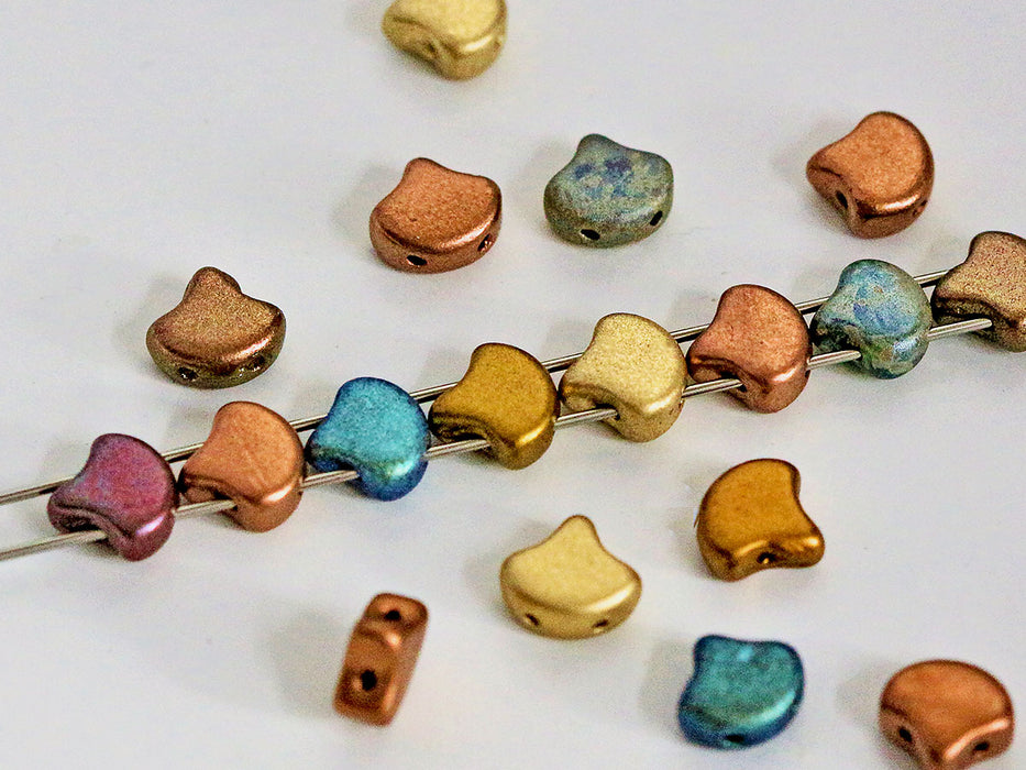 30 pcs Ginkgo Perlen 7.5x7.5x3.4 mm, 2-Loch, Bronzegrün Mischen, Tschechisches Glas (Ginko Beads)