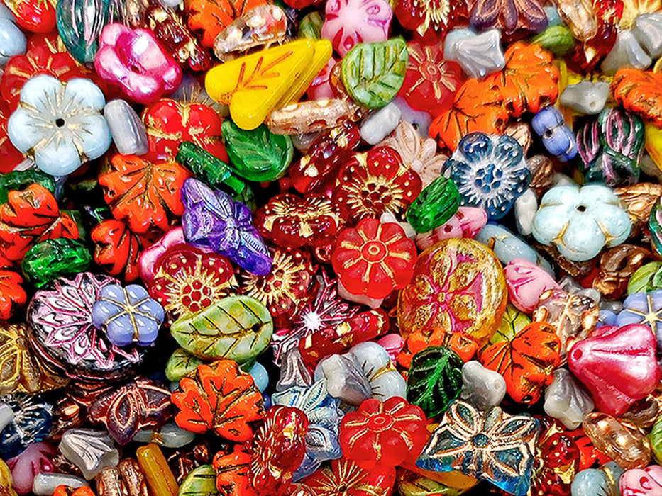 65 g Glasperlen-Mix, Blumen und Blätter, Tschechisches Glas (Mix Beads)